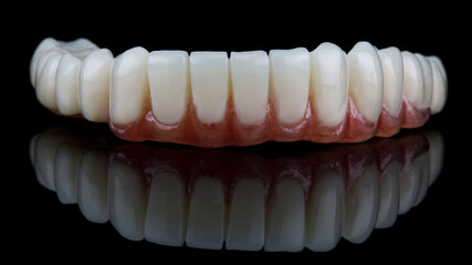 high-quality lower jaw prosthesis with a pink gum on a black background