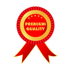 Premium quality red label with stars and ribbons. Round sticker icon for shopping. Stock vector illustration isolated on white background.