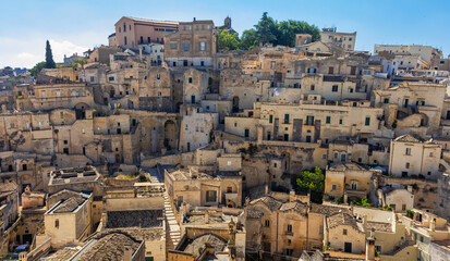 Panorama of famous Italian city Matera. Matera city in the region of Basilicata, in Southern Italy, is a complex of cave dwellings carved into the ancient river canyon.