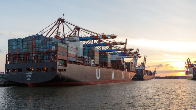 ASC container ship Al Riffa at the Eurogate terminal in Hamburg, Germany during sunset on July 2, 2014.