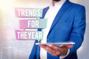 Text sign showing Trends For The Year. Business photo showcasing fashion styles or preferences for...