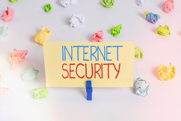 Conceptual hand writing showing Internet Security. Concept meaning process to protect against attacks over the Internet Colored crumpled paper empty reminder white floor clothespin