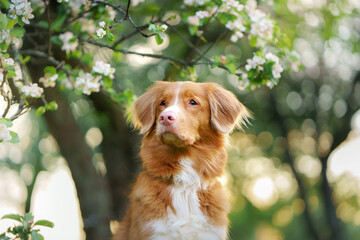 dog on the background of apple trees. Nova Scotia Duck Tolling Retriever in flowers . Pet on nature