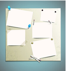 White paper and elements for attaching paper: pin, scotch tape. EPS 10