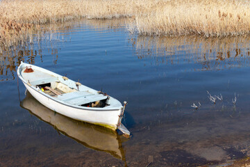 A retro wooden white boat docked on the lake. Some grass is on the background.