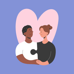 Interracial couple, african american and white caucasian boyfriend and girlfriend holding hands, perfect match, jigsaw puzzle pieces put together, romance and love concept