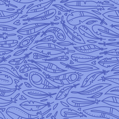 Seamless pattern with feathers in linear doodle style.