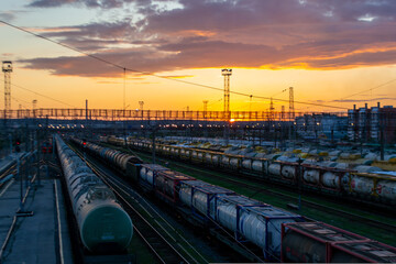 Obraz na płótnie Canvas Sunset at the railway station in the city of Tolyatti