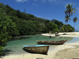 Naklejka na ściany i meble Barcas sobre río caribeño playa tropical paraíso república dominicana