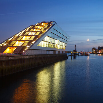 Landmark office building Dockland in the harbor of Hamburg, Germany at nightfall on July 2, 2014.