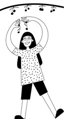 Cute happy girl picking berries. Branch of cherries in the fruit garden. Vector illustration doodle style 