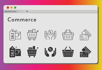 commerce icon set. included shopping bag, shopping cart, discount, shopping-basket, credit card, shopping basket icons on white background. linear, filled styles.