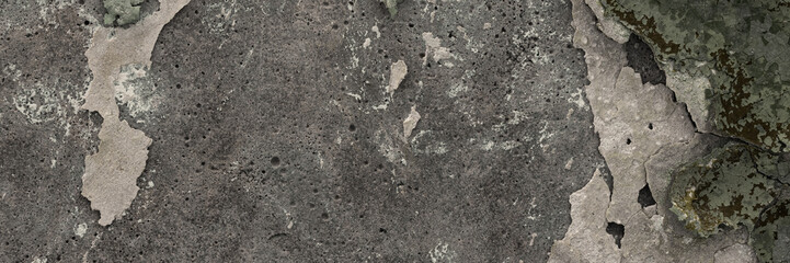 Peeling paint on the wall. Panorama of a concrete wall with old cracked flaking paint. Weathered rough painted surface with patterns of cracks and peeling. Wide panoramic texture for design background