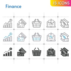 Fototapeta na wymiar finance icon set. included profits, online shop, mortgage, shopping-basket, credit card, shopping basket icons on white background. linear, bicolor, filled styles.