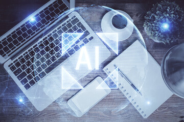 Multi exposure of data theme drawing hologram over topview work desk background with computer. Concept of technology.