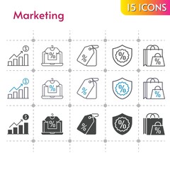 marketing icon set. included profits, online shop, shopping bag, price tag, warranty icons on white background. linear, bicolor, filled styles.