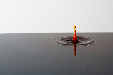 Splash of bright paint in still water. Drop of toxic yellow and red paint falling on calm surface of clean water and causing ripples