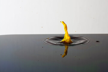 Splash of bright paint in still water. Drop of toxic yellow paint falling on calm surface of clean water and causing ripples