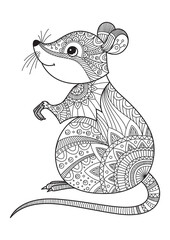 Mouse doodle coloring book page. Antistress for adult. Zentangle style. Chinese symbol of the year the rat in the eastern horoscope.