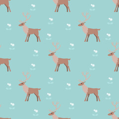 Seamless pattern with horned cariboo deers and small white flowers. For winter or spring design