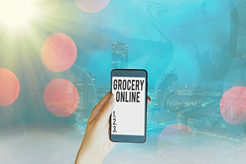Conceptual hand writing showing Grocery Online. Concept meaning digital version of supermarket...