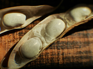 white kidney beans on wooden background. Dried organic harvest of white beans