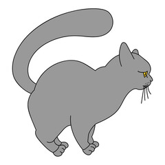 Chartreux cat in profile. Animal illustration in cartoon style. Gray fluffy cat with yellow eyes