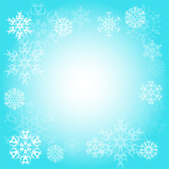 Fototapeta na wymiar Winter backdrop, frame of white snowflakes on light blue background. For Christmas, New Year, winter design