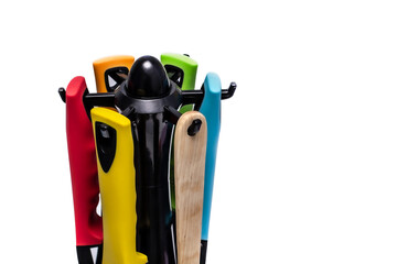 colorful handles of kitchen accessories close-up on a white background. the concept of using...