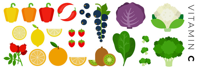Vitamin C flat vector set icons fruits and vegetables. Foods high in calcium.