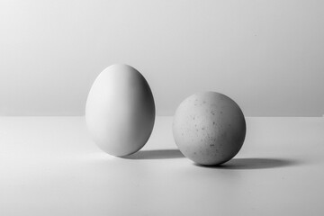 Two white chicken eggs against white background, template for Happy easter compositions 