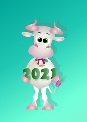 Cute cartoon white metallic vector ox symbol of the new year 2021 with figures in his hands on a blue background