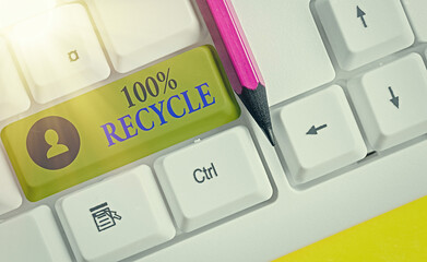 Writing note showing 100 Percent Recycle. Business concept for Set of Biodegradable, BPA free and...