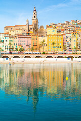 View on colorful town of Menton, Provence-Alpes-Cote d'Azur, France - obrazy, fototapety, plakaty