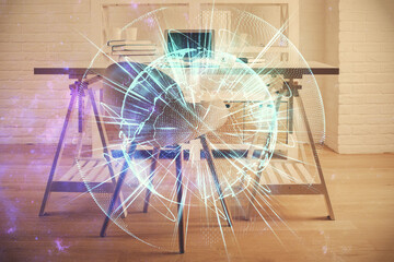 Double exposure of business theme drawing and office interior background. Concept of success