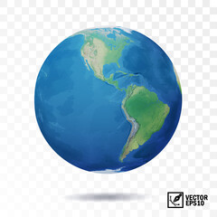 3D realistic, isolated vector earth, globe with view of the continents of North and South America - obrazy, fototapety, plakaty