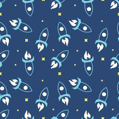 Vector funny doodle style hand drawn rockets in space seamless pattern