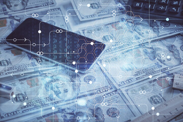 Double exposure of data theme drawing over us dollars bill background. Technology concept.