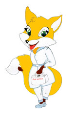 Cute watercolor character Dr. Fox, on a white background with a first aid kit, smiles cunningly, for printout