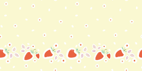 Vector cute pastel strawberry summer border. Graphic modern kawaii cut out repeating design. Hand drawn berry fruit pattern with leaf and dot on cream colored background. Hand drawn pastel backdrop.
