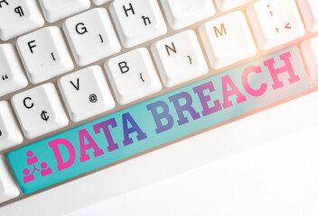 Text sign showing Data Breach. Business photo showcasing unauthorized release of confidential and...