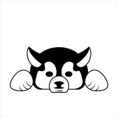 Logo of lying husky dog. Black and white, front view. Sleepy lazy dog relaxing