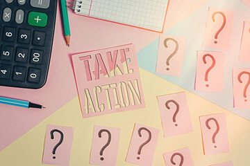 Text sign showing Take Action. Business photo showcasing positive act of making a decision to resolve the problem Mathematics stuff and writing equipment above pastel colours background