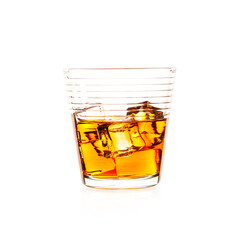 Glass of whiskey and ice isolated on white background.