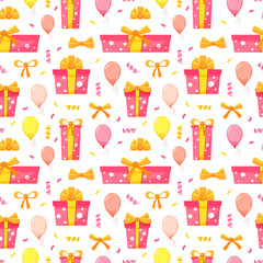 Happy birthday party seamless pattern with pink and yellow gift boxes, air balloons, confetti, bows, vector illustration