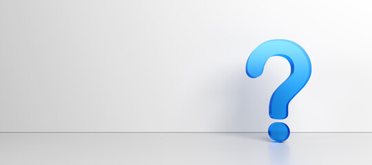 Blue question mark on white background with empty space on left side. 3D Rendering