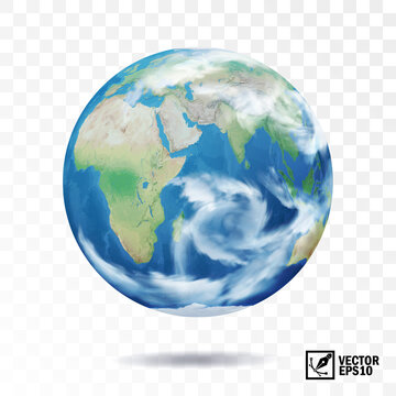 3D realistic vector earth with clouds, globe with view of the continents of Africa, Eurasia and Australia