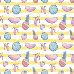 Summer seamless pattern with pineapple, watermelon,  banana, berries in pastel colors on yellow stripe background..