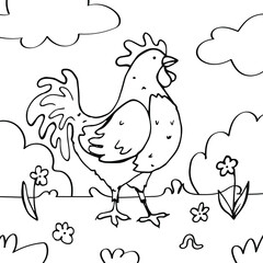 vector coloring with a rooster in a meadow. domestic farm birds, flowers and clouds. children's development