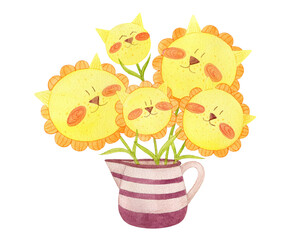 A watercolor illustration of yellow flowers with cute faces of kittens in a striped milkman on a white background. Concept for print on a T-shirt or postcard.